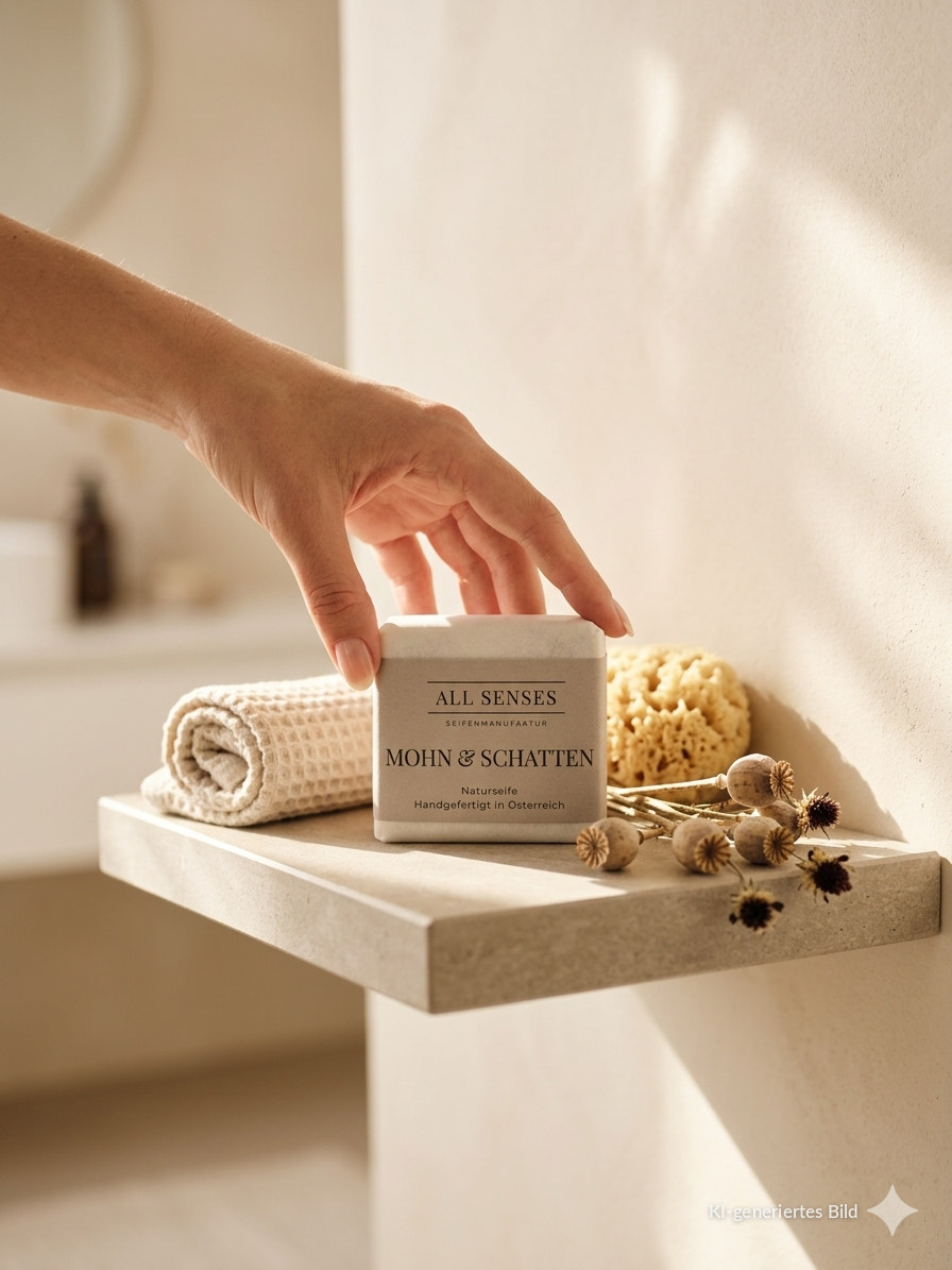 Mohn & Schatten — handgemachte Naturseife von All Senses, verpackt — KI-generiertes Bild