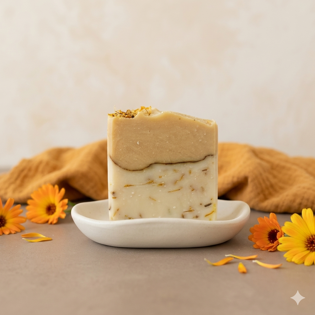 Goldene Stille Naturseife – goldgelbe Naturseife mit Ringelblumenblüten und Kurkuma, handgemacht in Wien