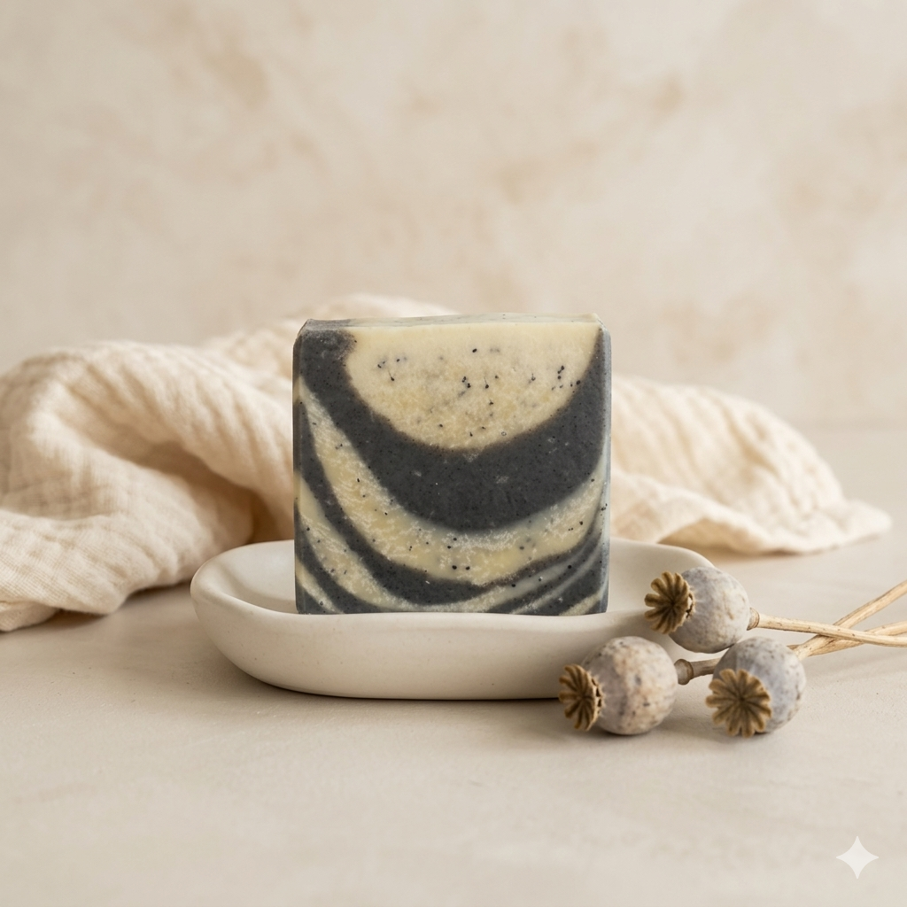 Mohn & Schatten Naturseife – schwarz-weiße Naturseife mit Mohnsamen-Peeling und Mohnöl, handgemacht in Wien