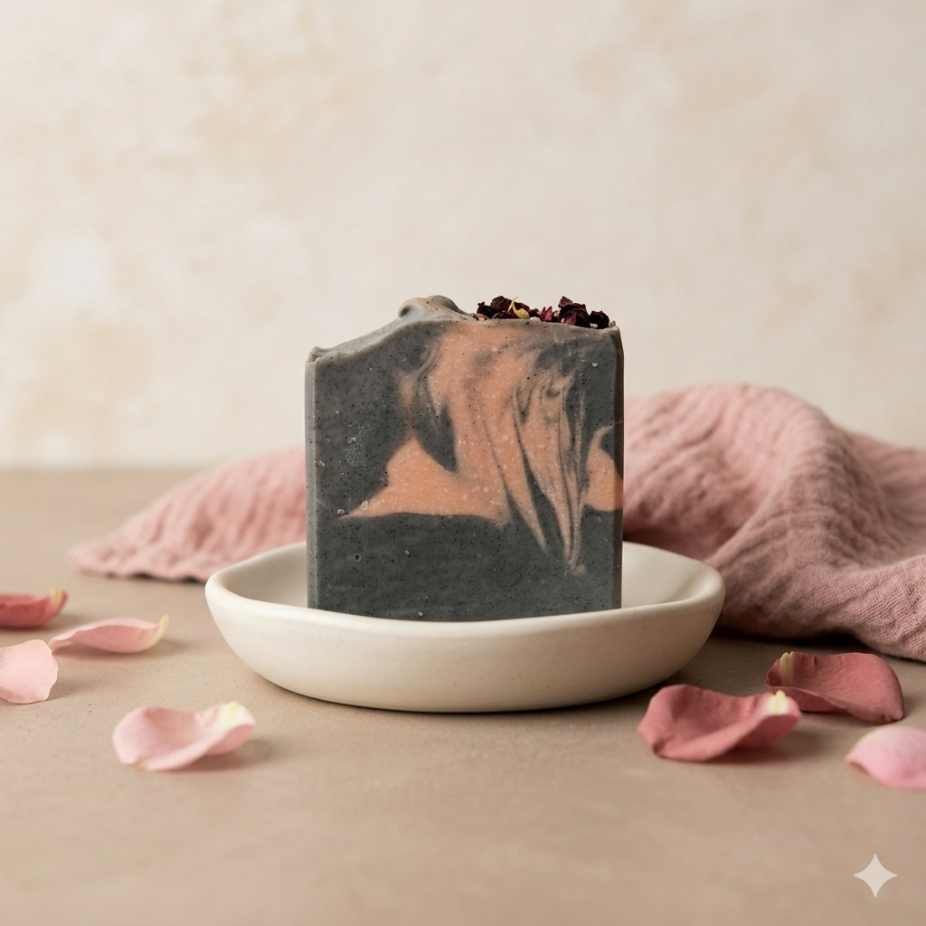 Schwarze Rose Naturseife – schwarze Kaltgesiedete Seife mit Rosengeranie und Aktivkohle, handgemacht in Wien