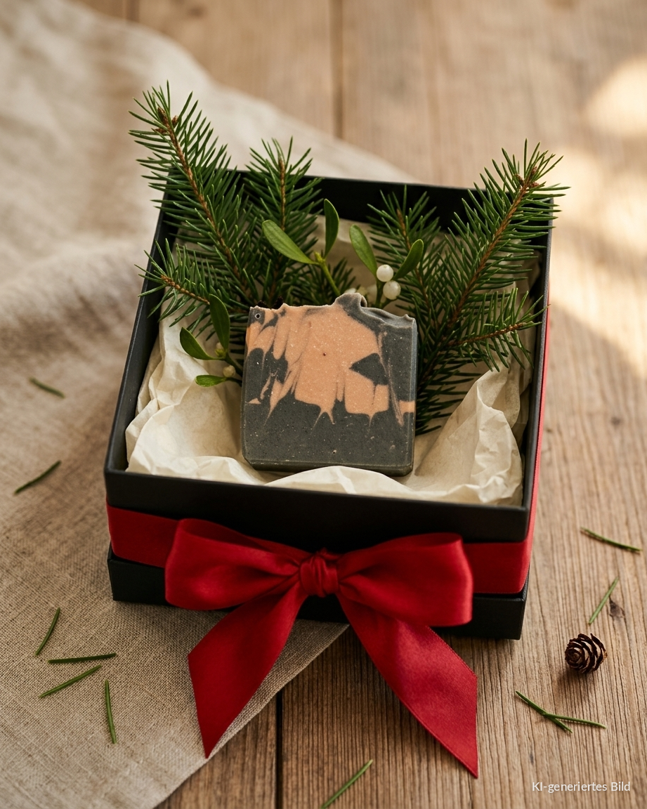 Schwarze Rose Naturseife in einer schwarzen Geschenkbox mit Tannenzweigen, Mistelbeeren und roter Schleife — Weihnachtsgeschenk handgemacht von All Senses, KI-generiertes Bild