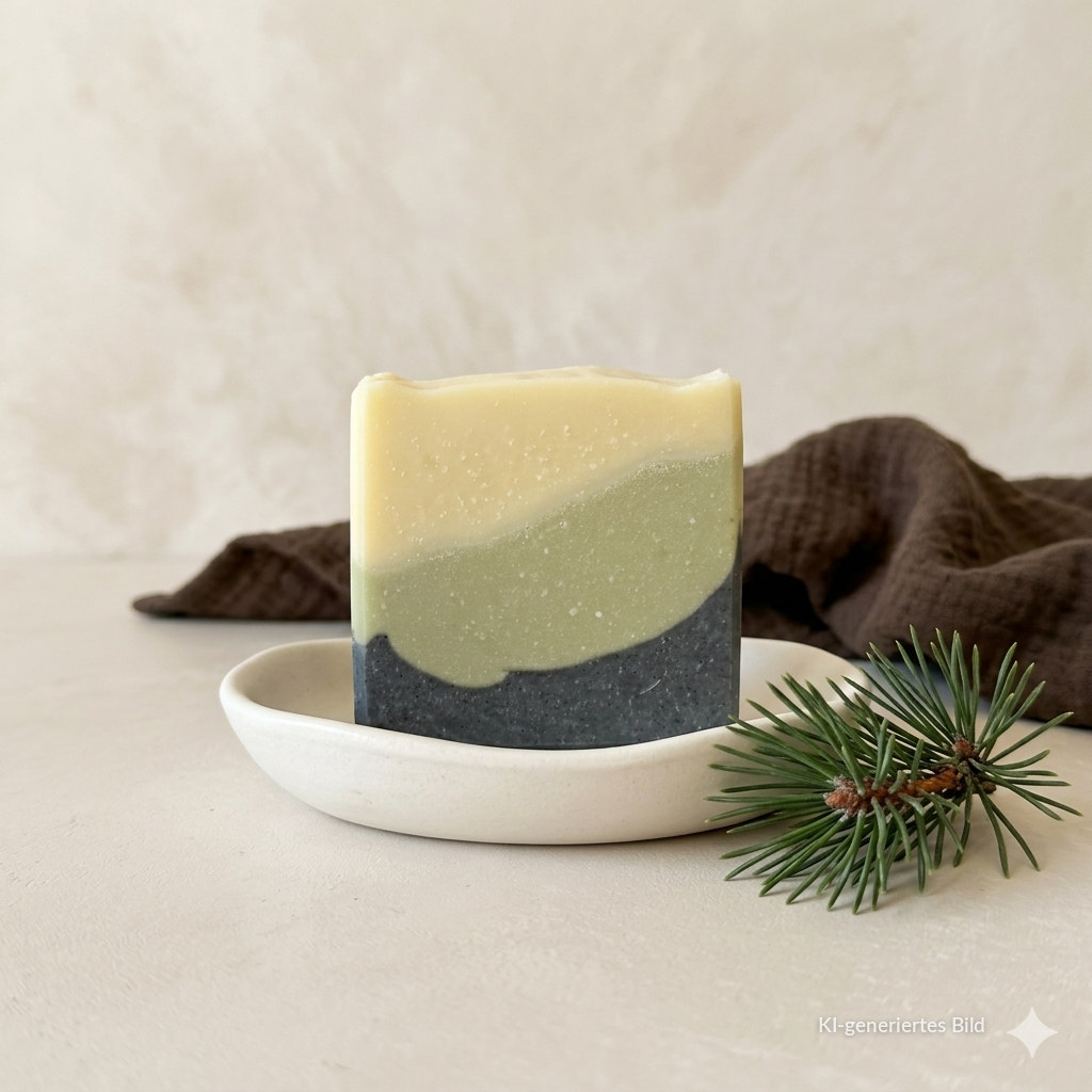 Zirbenluft Naturseife mit Zirbenöl aus der Zirbelkiefer, handgemacht von der All Senses Seifenmanufaktur in Wien — KI-generiertes Bild